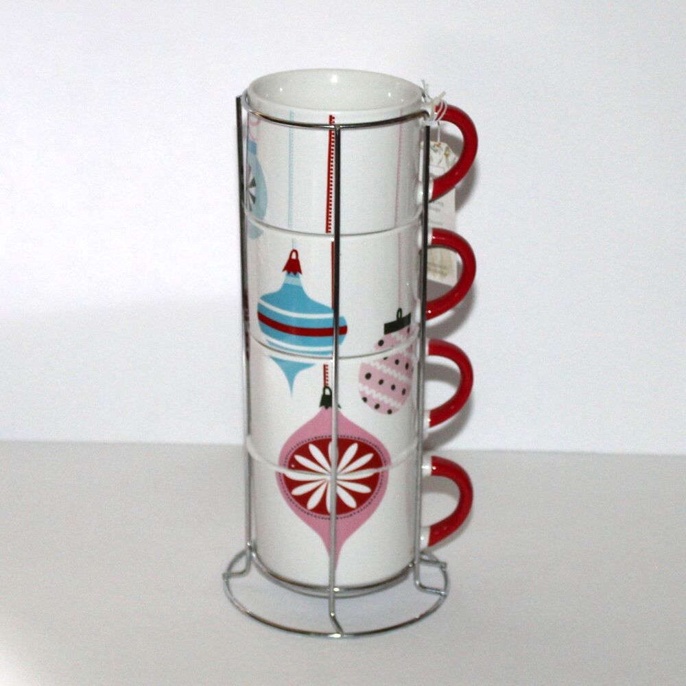 Pier 1 set 4 Stacking Mugs on metal stand Christmas ornaments